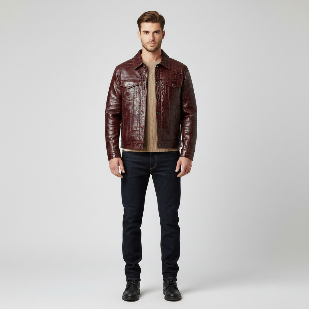 Veste à relief crocodile style cuir pour homme